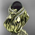 Unique yellow gold Black Pearl and Diamond Engagement Ring with Double Wedding Band ABP326S