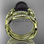 Unique yellow gold Black Pearl and Diamond Engagement Ring with Double Wedding Band ABP326S