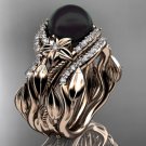 Unique rose  gold Black Pearl and Diamond Engagement Ring with Double Wedding Band ABP326S