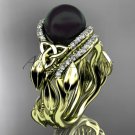 Black Pearl  yellow Gold Celtic Trinity Knot Bridal Set, Leaf Diamond Engagement Ring CTBP7326S