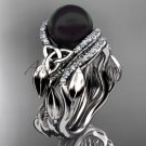 Black Pearl  Platinum Celtic Trinity Knot Bridal Set, Leaf Diamond Engagement Ring CTBP7326S