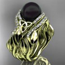 Leaf Diamond Black Pearl engagement ring set yellow Gold Celtic Trinity Knot Wedding Set CTBP7326S