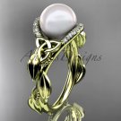 Diamond Engagement Rings yellow Gold Celtic Trinity Knot, Leaf Pearl Engagement Ring CTP7326