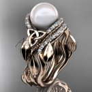 Diamond Bridal Set rose Gold Celtic Trinity Knot Wedding Set, Leaf Pearl Engagement Ring CTP7326S
