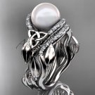 Diamond Bridal Set Platinum Celtic Trinity Knot Wedding Set, Leaf Pearl Engagement Ring CTP7326S
