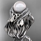 Leaf Diamond Pearl engagement ring set White Gold Celtic Trinity Knot Wedding Set CTP7326S
