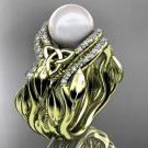 Leaf Diamond Pearl engagement ring set yellow Gold Celtic Trinity Knot Wedding Set CTP7326S