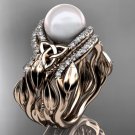 Leaf Diamond Pearl engagement ring set rose Gold Celtic Trinity Knot Wedding Set CTP7326S