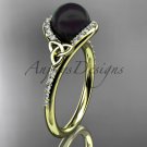 Irish Black Cultured Pearl Engagement Rings yellow Gold Diamond Celtic Trinity Knot  CTBP7317