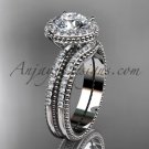 Vintage halo engagement rings 14kt white gold diamond unique wedding set ADER95S