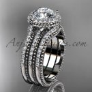 Double band engagement ring,  Moissanite , 14kt white gold vintage diamond wedding set ADER95S
