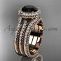 Double band engagement ring, Black Diamond, 14k rose gold vintage diamond halo wedding set ADER95S