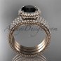 Double band engagement ring, Black Diamond, 14k rose gold vintage diamond halo wedding set ADER95S