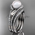 Pearl Double Rings Wedding Set 14kt White Gold Diamond Leaf Engagement Ring AP317S