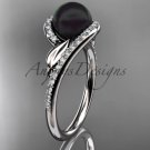 Black Cultured Pearl Engagement Rings 14kt White Gold Diamond Leaf Wedding Ring ABP317