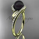 Black Cultured Pearl Engagement Rings 14kt Yellow Gold Diamond Leaf Wedding Ring ABP317