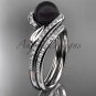 Black Cultured Pearl Wedding Set 14kt White Gold Diamond Leaf Engagement Ring ABP317S
