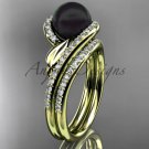 Black Cultured Pearl Wedding Set 14kt Yellow Gold Diamond Leaf Engagement Ring ABP317S