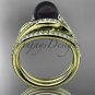 Black Cultured Pearl Wedding Set 14kt Yellow Gold Diamond Leaf Engagement Ring ABP317S
