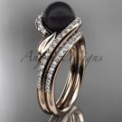 Black Cultured Pearl Wedding Set 14kt Rose Gold Diamond Leaf Engagement Ring ABP317S