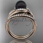 Black Cultured Pearl Wedding Set 14kt Rose Gold Diamond Leaf Engagement Ring ABP317S