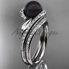 Black Cultured Pearl Wedding Set Platinum Diamond Leaf Engagement Ring ABP317S