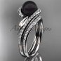 Black Cultured Pearl Wedding Set Platinum Diamond Leaf Engagement Ring ABP317S