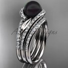 Black Pearl Double Rings Wedding Set 14kt White Gold Diamond Leaf Engagement Ring ABP317S