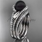 Black Pearl Double Rings Wedding Set 14kt White Gold Diamond Leaf Engagement Ring ABP317S