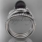 Black Pearl Double Rings Wedding Set 14kt White Gold Diamond Leaf Engagement Ring ABP317S