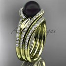 Black Pearl Double Rings Wedding Set 14kt Yellow Gold Diamond Leaf Engagement Ring ABP317S