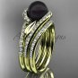 Black Pearl Double Rings Wedding Set 14kt Yellow Gold Diamond Leaf Engagement Ring ABP317S