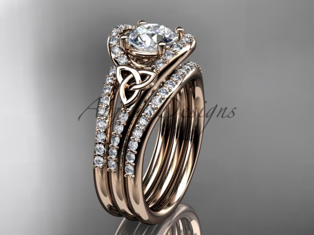 Irish wedding ring Set, 14kt rose gold Diamond celtic trinity knot engagement ring CT7317S