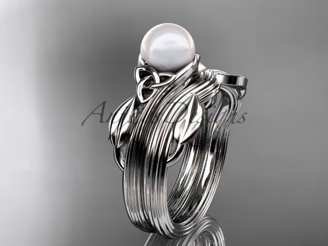 Pearl Celtic Wedding Set Unique 14kt white gold Engagement Ring CTP7324S