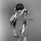 Black Pearl Floral Engagement Ring Unique 14kt white gold Wedding Ring ABP324