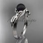 Black Pearl Floral Engagement Ring Unique 14kt white gold Wedding Ring ABP324