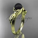 Black Pearl Floral Engagement Ring Unique 14kt yellow gold Wedding Ring ABP324