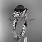 Unique diamond black pearl engagement ring 14kt white gold floral wedding ring ABP333