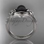 Unique diamond black pearl engagement ring 14kt white gold floral wedding ring ABP333