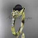 Unique diamond black pearl engagement ring 14kt yellow gold floral wedding ring ABP333