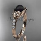 Unique diamond black pearl engagement ring 14kt rose gold floral wedding ring ABP333