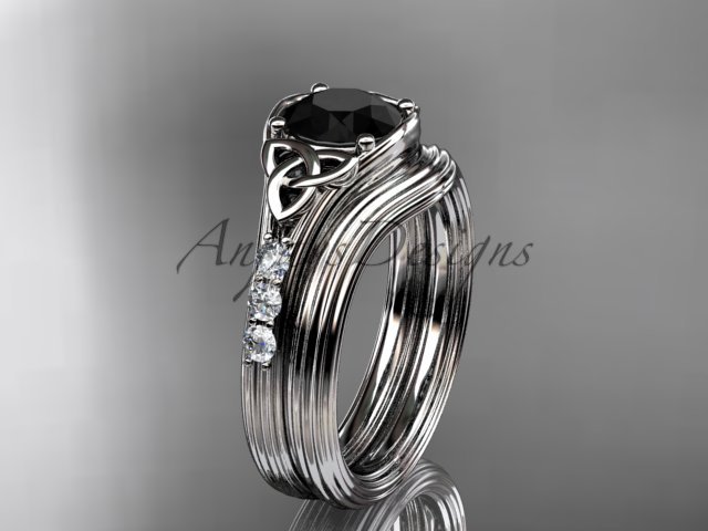 Black Diamond Celtic wedding sets, 14kt white gold diamond triquetra knot engagement ring CT7333S