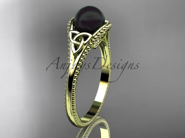 Black pearl celtic knot engagement ring 14k yellow gold bridal ring CTBP7375