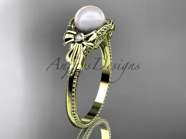Bow engagement ring 14k yellow gold pearl wedding ring AP376