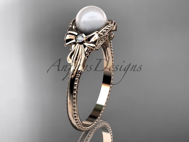 Bow engagement ring 14k rose gold pearl wedding ring AP376