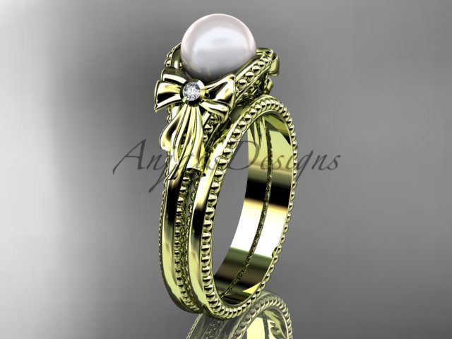 Bow wedding set 14k yellow gold pearl engagement ring AP376S