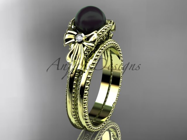 Bow ring 14k yellow gold tahitian black pearl bridal set ABP376S