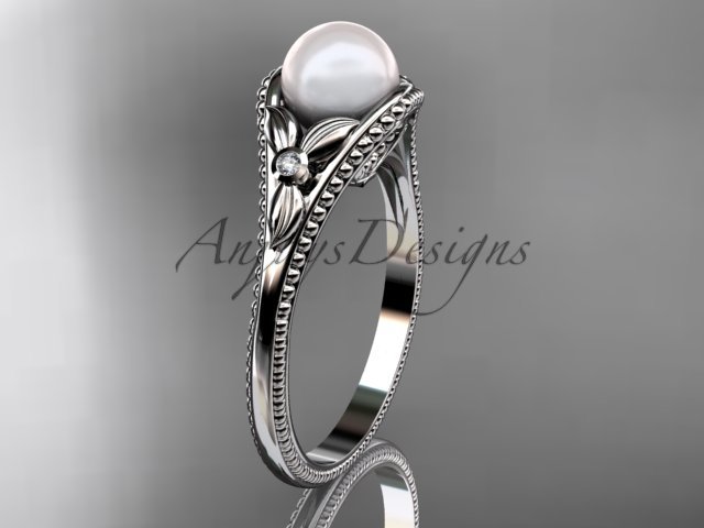 Flower engagement ring 14k white gold pearl wedding ring AP377