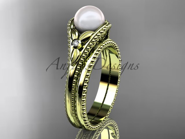 Flower wedding set 14k yellow gold pearl engagement ring AP377S