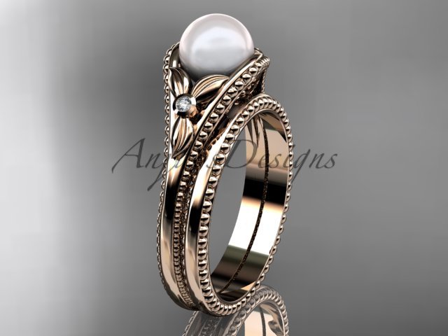 Flower wedding set 14k rose gold pearl engagement ring AP377S